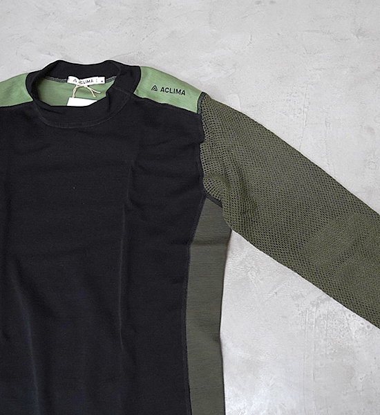 【ACLIMA】アクリマ men's Woolnet Hybrid Crew Neck "Jet Black×Olive Night×Dill"