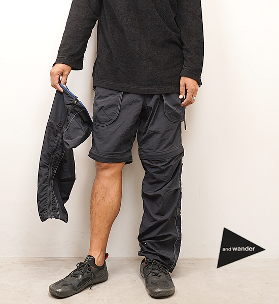 【and wander】アンドワンダー men's NY taffeta hiker 2way pants "Black"